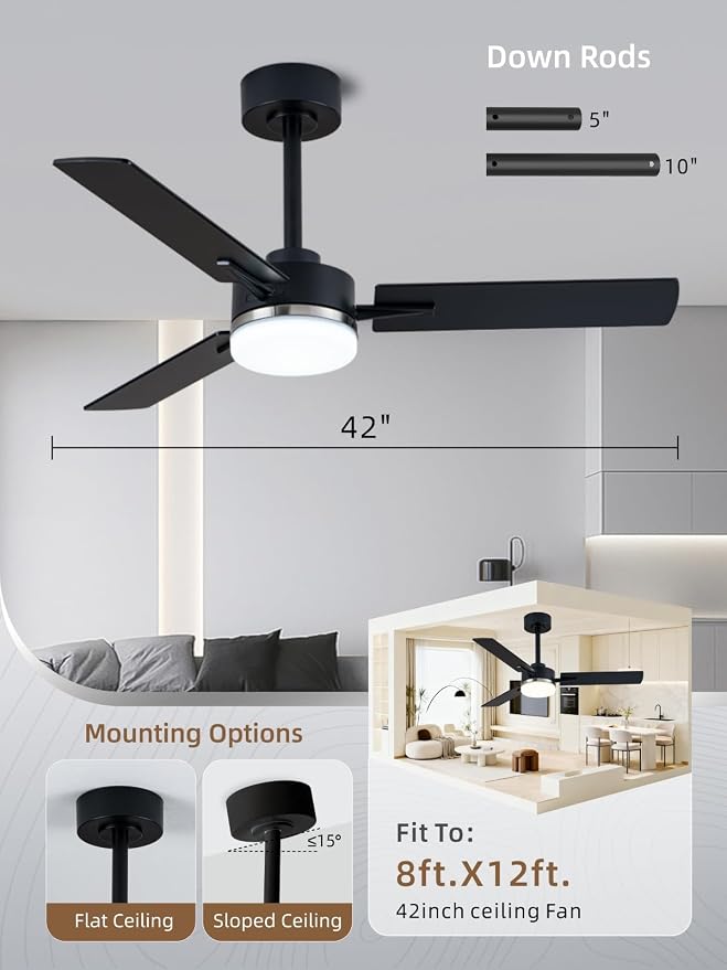 LANMEL Ceiling Fan with Light, Modern Flush Mount Low Profile with Remote Control, Reversible, 3CCT Dimmable, Quiet,LED for Bedroom, Living Room, Indoor/Outdoor Patio Use 42 Inch Silver & Black