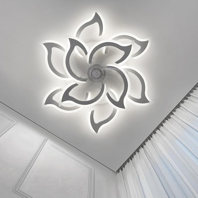 38" White Geometric Ceiling Fan with Light Remote Control, 3 Light Color 6 Speeds LED Flower Flush Mount Low Profile Ceiling Fan for Living Room