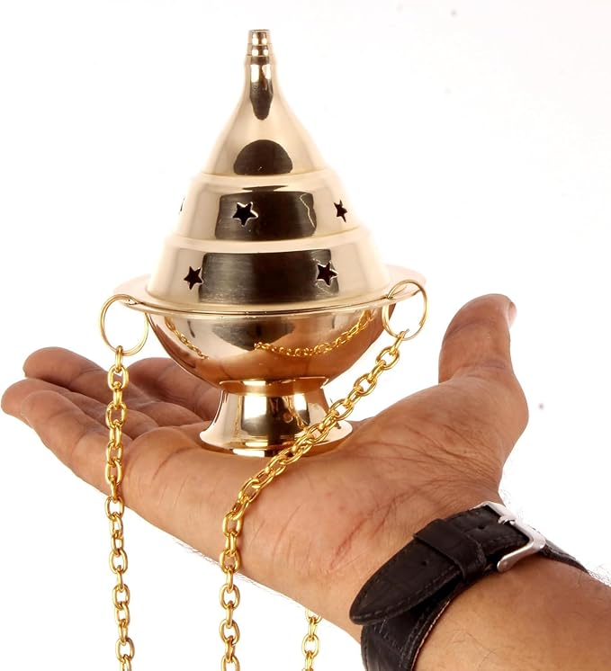FASHCRAFT Brass Hanging Incense Burner with Chain – Star Cut Design, Antique Finish Loban Dhoop Dani for Home Temple & Puja Room Fragrance – 4.5 Inches Height