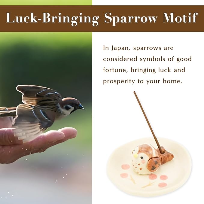 Hasegawa Fortune Sparrow Ceramic Incense Holder: Handcrafted Round Sparrow Design with Unique Expressions, Symbol of Luck - Height 0.79 inches, Plate Diameter 2.76 inches