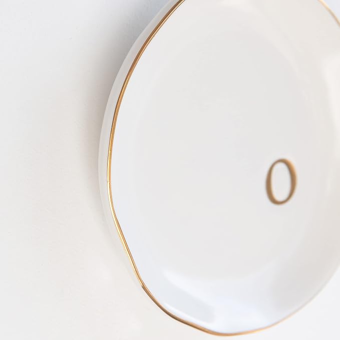 COLLECTIVE HOME Ceramic Jewelry Tray, Trinket Dish, Gifts for Women (O) | Mother's Day, Birthday, Christmas, Engagement Gifts, Vanity, Nightstand Decor, Embossed Gold Monogram Ring Dish with Gift Box