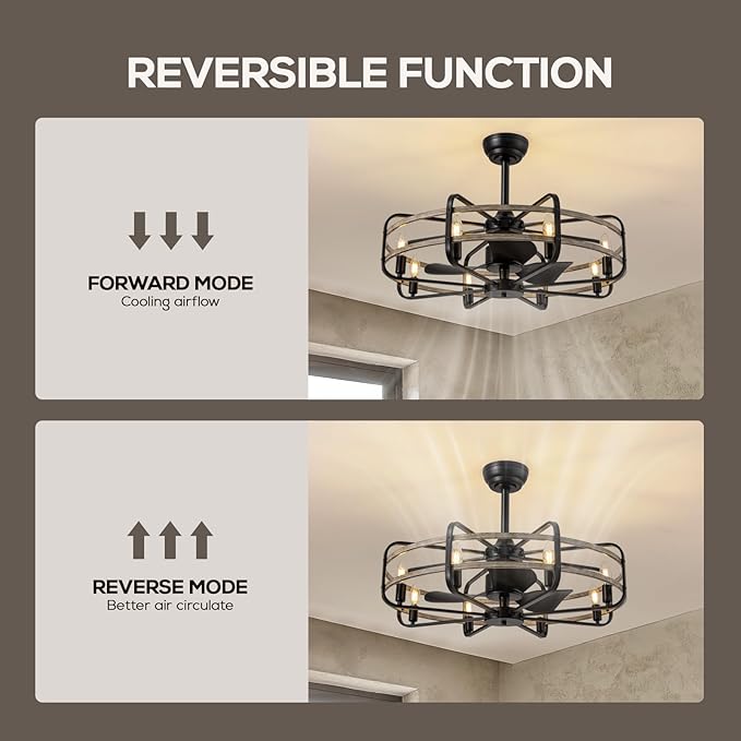 NOXARTE 30 Inch Caged Ceiling Fan with Light, Bladeless Farmhouse Ceiling Fan with Remote 6 Speed Reversible Industrial Fandelier for Living Room Bedroom Kitchen