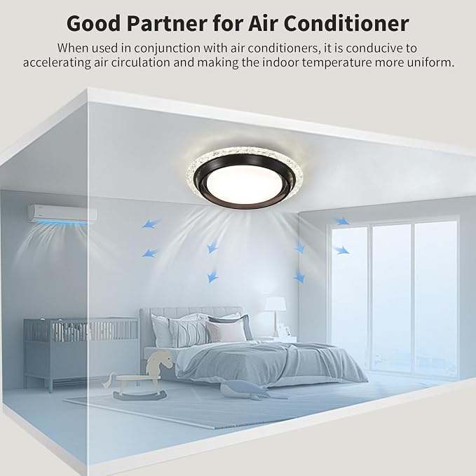 AHAWILL 19.29'' Bladeless Ceiling Fan with Light,Modern Crystal Ceiling Fan with Remote Control,Enclosed Flush Mount Fandelier,6 Wind Speed,Dimmable LED,Black,for Bedroom Kitchen Dining Room