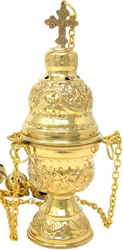Needzo High Polished Brass Hanging Incense Burner Censer with Bells, 8 Inch