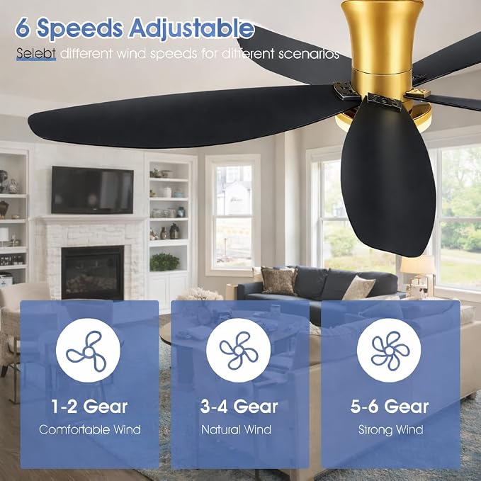Surtime 42" Ceiling Fans with Lights-Low Profile Ceiling Fan with Light and Remote/APP Control,Flush Mount Gold Ceiling Fan with Reversible Black Blades