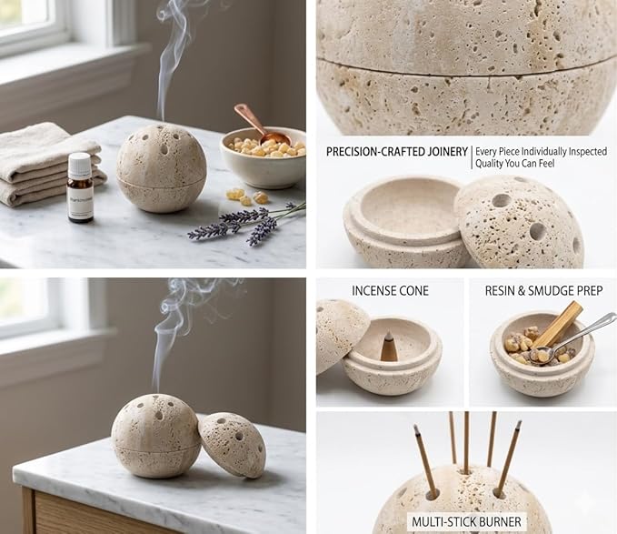 Handmade Travertine Stone Incense Resin Burner Holder – Natural Stone Incense Burner with Brass Insert for Home Decor & Relaxation