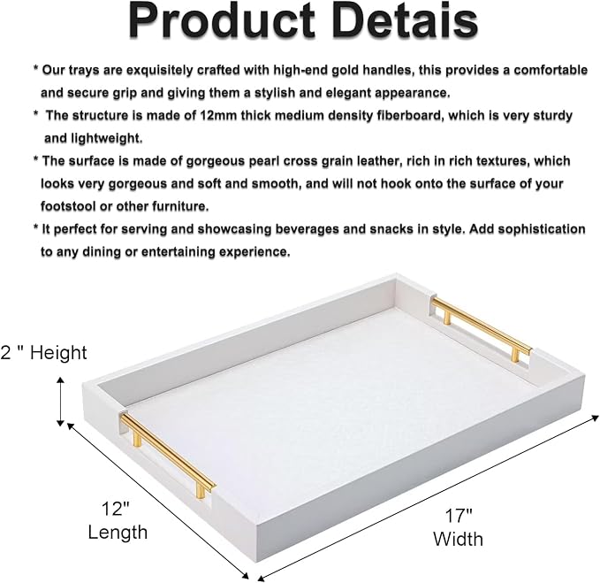 White Decorative Ottoman Tray, Large Modern Coffee Table Drink Organizer for Home