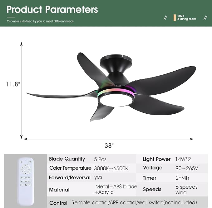 Kviflon Ceiling Fans with Lights Remote/APP Control, 38" Low Profile Ceiling Fans with Dimmable White Colors+ RGB Ring Lights, 6 Speeds 5 Reversible Blades for Kids Room Bedroom Living Room, Black