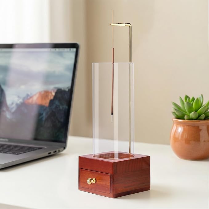 Wooden Incense Holder for Sticks with Drawer,Windproof Glass Tube, Fireproof Stainless Steel Base, Wood Incense Burner for Meditation, Yoga, and Spa (20 Sticks Included)