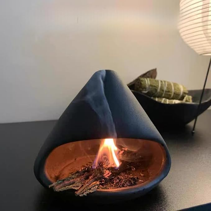 Ceramic Incense Holder Palo Santo Holder Handcrafted Dual-Use for Sage Sticks Cones Incense Burner for Yoga Meditation Aromatherapy Healing Home Decor Black (Style C)
