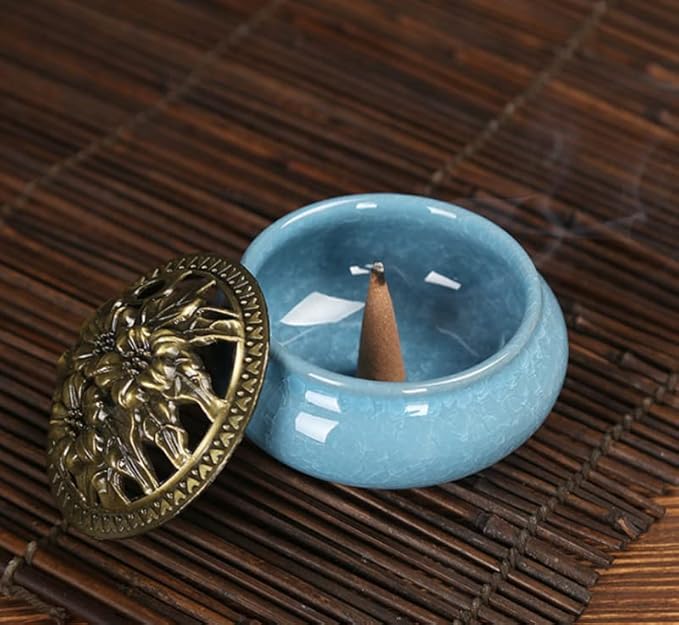 Colorful Ceramic Ice Cracked Incense Burner, Household Incense Holder, Zen Buddha Cone Coil Stick Incense Base with Cover (Green)