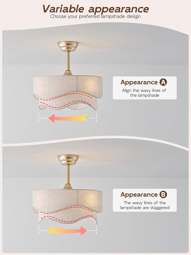 20" Boho Fandelier Ceiling Fans with Lights, Gold Caged Ceiling Fan with Light, Fabric Bladeless Fan with Remote Control, Reversible for Bedroom, Living Room, Nursery (Beige)