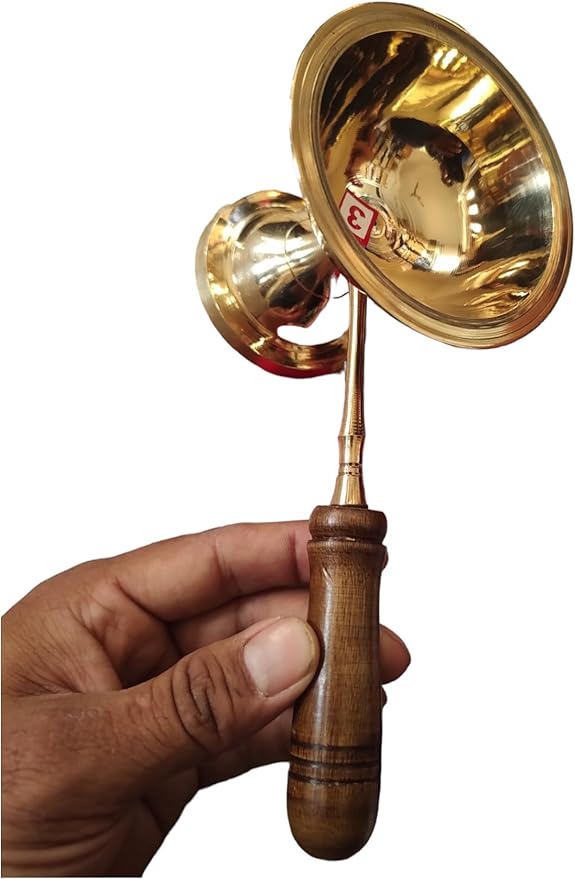 BHAVICREATION Brass Aarti Diya with Wooden Handle Brass Camphor Dhoop Arti Wooden Handle Puja Arti (130 Gram Length=8 inch)