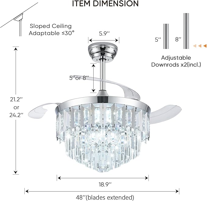 TXCSLY 48" Fandelier Ceiling Fan with Light, Crystal Chandelier Fan with Retractable Blades Dimmable Crystal Ceiling Fan Chandelier for Bedroom Living Room Dining Room-Chrome