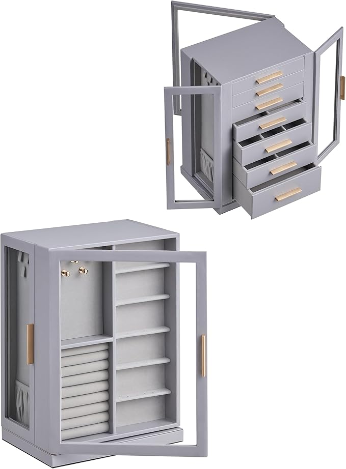 Glimmloop 360° Rotating Jewelry Box with 7 Drawers, Spacious Vertical Jewelry Organizer with Glass Window, Jewelry Storage Case, Dustproof & Moisture-resistant Design, Grey