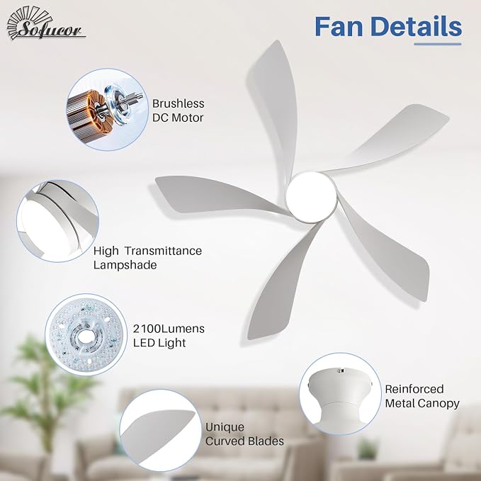 Sofucor 42 Inch Low Profile Ceiling Fan with Light, Flush Mount Outdoor White Ceiling Fan with Remote for Bedroom Living Room Patio, Dimmable LED High Airflow Quiet Reversible DC Motor