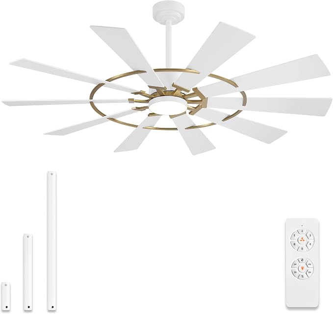 WINGBO 84" Windmill Ceiling Fan with Lights, 3 Downrod, 6-Speed Reversible DC Motor, 3CCT, 10 Blade Indoor Farmhouse DC Ceiling Fans for Kitchen Bedroom Living Room Patio, Aged Brass and White