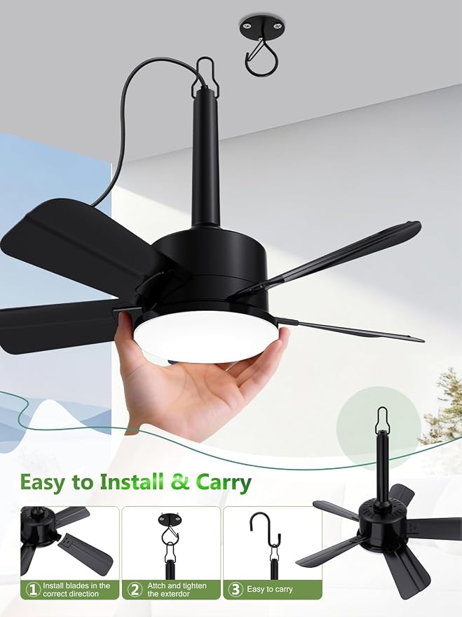 LANMEL Outdoor Gazebo Ceiling Fan with Light and Remote, 18 Inch, Black | Plug-In, IP65 Waterproof, Hanging with Hook, 6 Speed, Reversible, 3CCT, Dimmable, Portable, for Patio, Canopy, Porch, RV