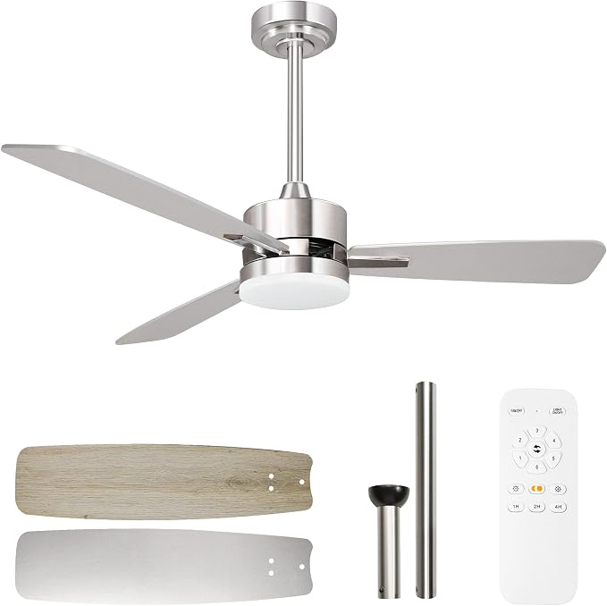 hykolity 52 Inch Modern Nickel LED Ceiling Fan with Light and Remote | 3CCT Dimmable LED Light, Quiet Reversible DC Motor, 6-Speed, Downrod Included, 3 Blade Ceiling Fans for Bedroom Living Room