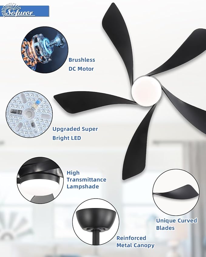 Sofucor 42 Inch Ceiling Fan with Lights and Remote, Indoor/Outdoor Ceiling Fan with Light 6-Speed 3 CCT 3-Timer, Low Profile Black Ceiling Fan 5 Blade Quiet DC Motor for Bedroom Living Room Patio