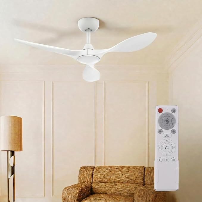 Roomratv Ceiling Fans with Lights and Remote Control,Quiet Noiseless Reversible DC Motor,6 Speeds,Timers, 3 CCT, Indoor Use, Plastic Blades,42 Inch White Modern Ceiling Fan for Bedroom Living Room