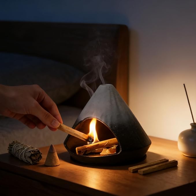 Incense Burner Holder for Palo Santo Sticks,Sage,Cone,Mountain-Inspired Handcrafted Ceramic Ash Catcher Smudge Bowl for Yoga Meditation Energy Cleansing Room Décor,Black