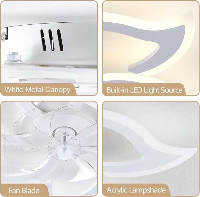 35" White Flower Ceiling Fan with Light Remote Control, 3 Light Color 6 Speeds Flush Mount Low Profile Ceiling Fan for Bedroom Kitchen