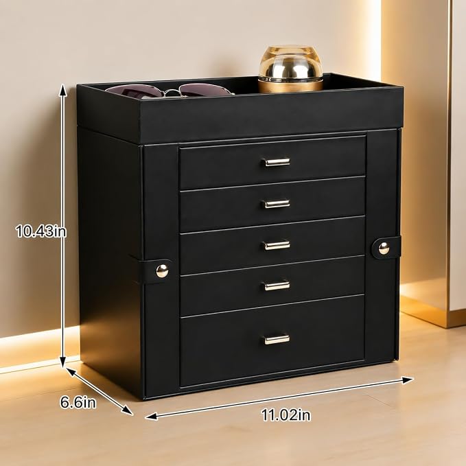 BOOVO Large Jewelry Boxes For Women (Black, 6 Layer) | 6 Layers Jewelry Organizer Box With Cosmetic Storage Drawer, Necklace Ring Jewelry Organizer Box