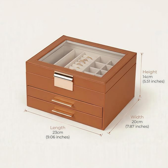 Jewelry Box Organizer with Glass Lid, 3-Layer with Double Drawers, Luxury Velvet Lined Desktop Display Case for Earrings Rings Necklaces, Gift for Women Girls (Brown)