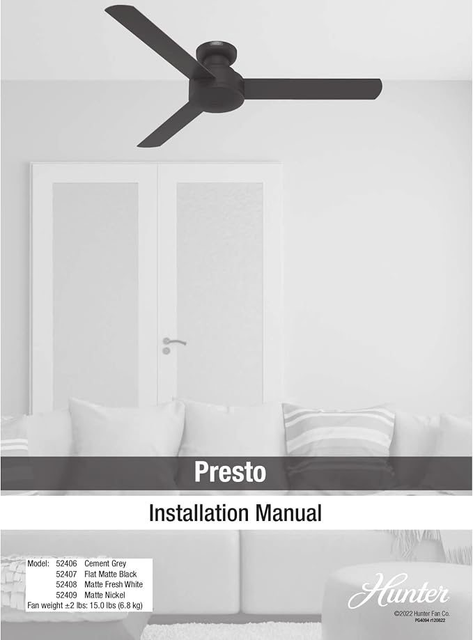 Hunter Presto, Indoor, Ceiling Fan, Wall Control, 52 inch, Matte Nickel | For Bedroom, Living Room, Kitchen, Home Office, 52409
