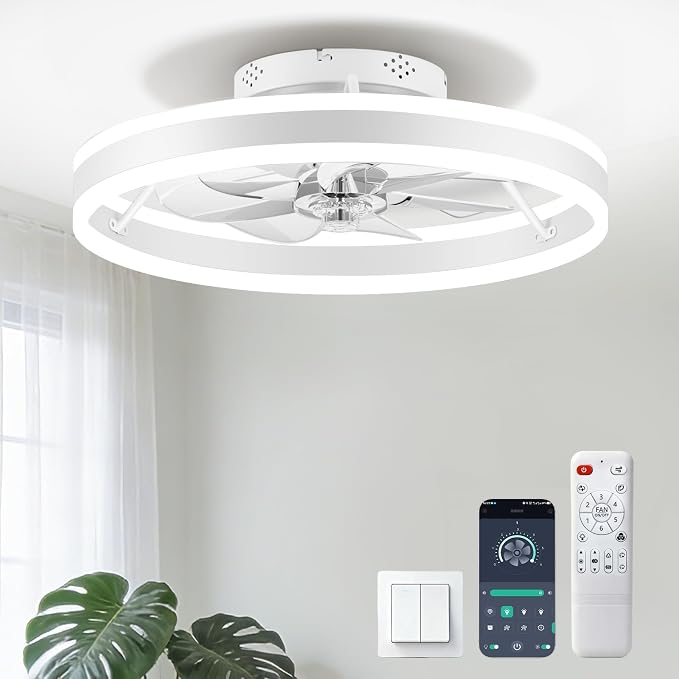 Ceiling Fans with Lights and Remote, 20" Low Profile Flush Mount Ceiling Fan, Pre-Assembled Design, Quiet DC Motor, 6 Wind Speeds, Dimmable 2700-6500K LED Light, Modern Ceiling Fan for Bedroom (White)
