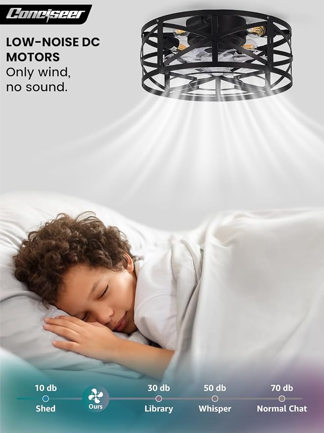 Conciseer 16 Inch Caged Ceiling Fans with Lights and Remote, Flush Mount, Low Profile 7 Blades 6 Speed Reversible Quiet DC Motor for Bedroom, Kitchen and Living Room, Black