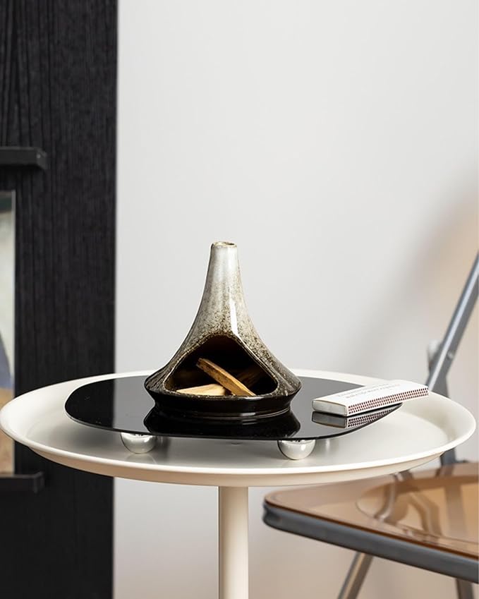 Ceramic Palo Santo Holder & Ash Catcher with Mini Chimney, Incense Holder & Sage Burner, Wabi-Sabi Home Decor for Meditation & Yoga (Ash Stone)