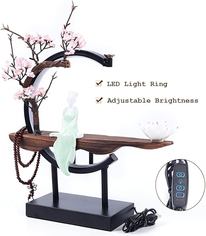 TFCFL Backflow Incense Holder with LED Light Ring, Chinese Style Handmade Flower Censer Incense Burner Home Decor Aromatherapy Ornament Incense Holders with Backflow