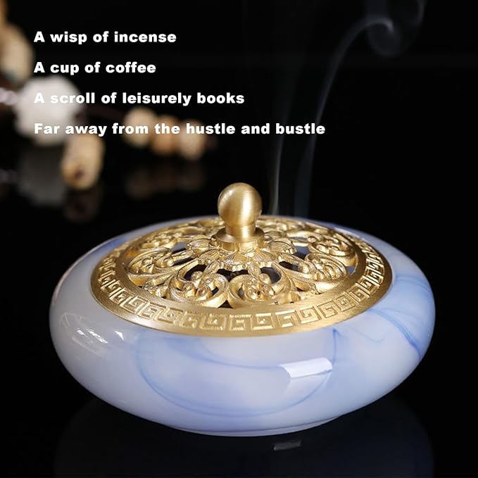 Incense Holder with Brass lid,Cone Incense Burner Suitable for Incense Sticks Coil,Artificial Glazed Jade Censer for Yoga Meditation, Home Decor