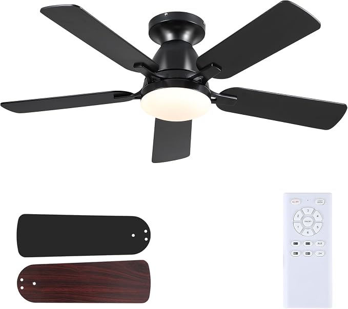 Mpayel 46 Inch Ceiling Fans with Lights and Remote, Black Ceiling Fan with Light Flush Mount, Low Noise, Reversible, Dimmable, Modern Low Profile Ceiling Fan with Light for Bedroom Indoor Outdoor