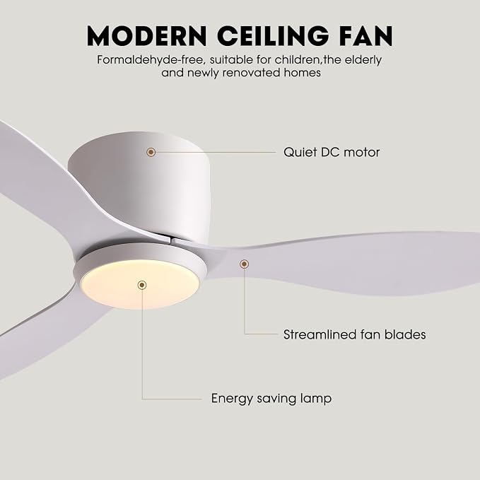 LUDOMIDE Ceiling Fans with Lights,42 Inch Low Profile Ceiling Fan with Wall Control and Remote Control,Dimmable,Flush Mount Ceiling Fan with Noiseless DC Reversible Motor for Bedroom Indoor Use