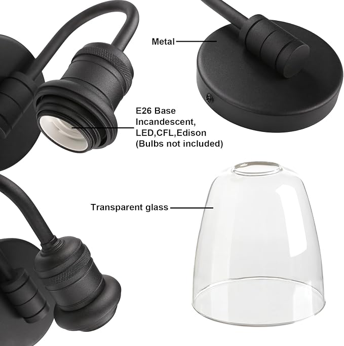 Yosoan 1-Light Vintage Wall Sconce, Black Industrial Fixture Light with Elegant Gooseneck Curved Rod, Indoor Clear Glass Shade Wall Lamp Lighting for Bathroom Porch Kitchen Living Room Restaurant