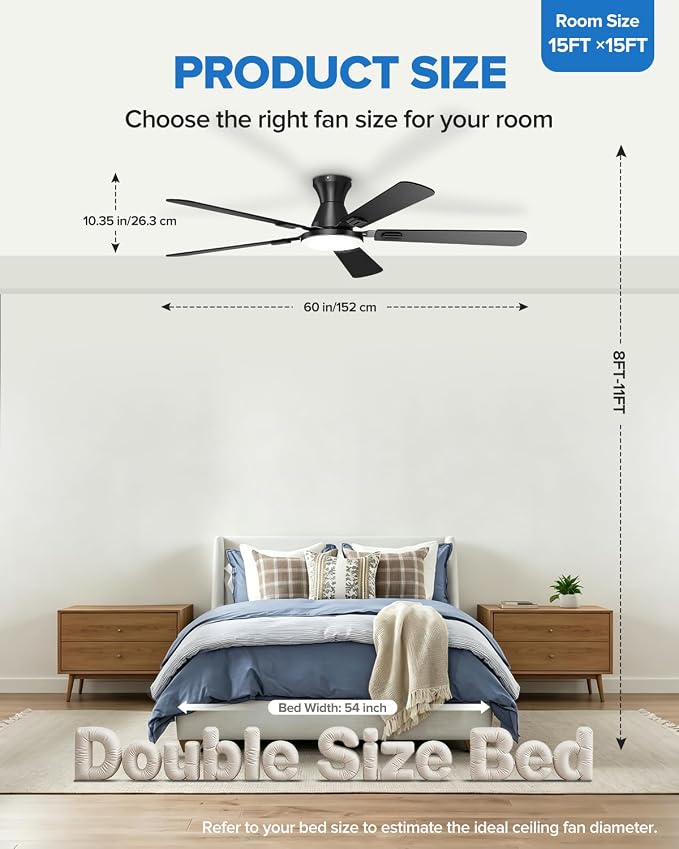 UME 60" Ceiling Fan with Lights & Remote, 6 Blades Low Profile Ceiling Fan, Quiet DC Motor, Natural Wind, 6 Speeds, 3CCT Dimmable 20W LED Modern Ceiling Fan for Bedroom, Living Room, Black