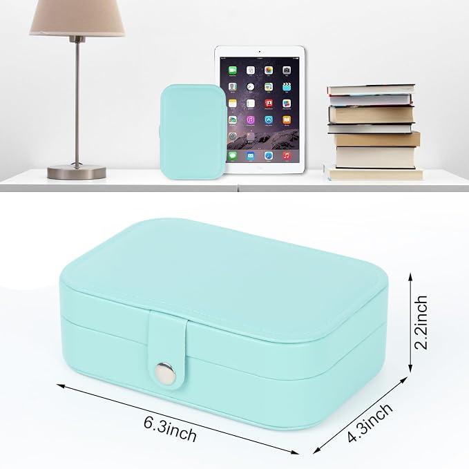 Hatori Travel Jewelry Box, PU Leather Small Jewelry Organizer for Women Girls, Double Layer Portable Mini Travel Case Display Storage Holder Boxes for Stud Earrings, Rings (Turquoise)