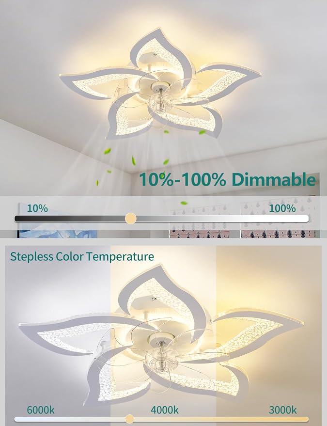 Flower Ceiling Fans with Lights and Remote, 24 Inch Modern Low Profile Flush Mount Ceiling Fan, Dimmable LED Ceiling Light Fixture, Small Ceiling Fans for Bedroom, Kitchen, Indoor-White