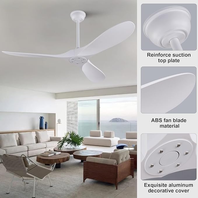KBZZ 52'' Ceiling Fan Without Light, ABS Ceiling Fan with 3 Blade and Down Rods, Remote Control, DC Motor, Indoor Outdoor Ceiling Fans for Patio, Living Room, Bedroom, Office
