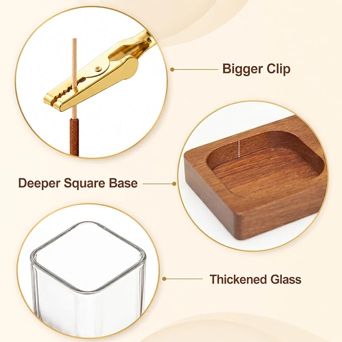 2 in 1 Upside Down Incense Holder for Sticks, Wooden Glass Incense Burner with Square Ash Catcher & Storage, Anti-Ash Flying Vertical Insence Holder Set with Brush for Yoga Spa Meditation Decor