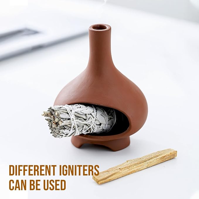 Palo Santo Holder Handmade Ceramics Incense Burner Chimney Dish Smudge Bowl for Palo Santo Sticks Sage Bundles with Brush(Brown)