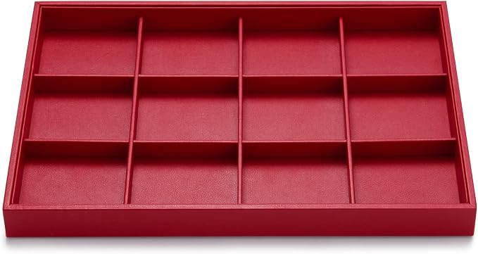 Oirlv Red Leather Jewelry Tray 12-Grid | Red Leather Exterior, Soft Microfiber Interior, 35X24X3Cm Tray with 12 Grid Inserts, Bold Color, Versatile Jewelry Organizer