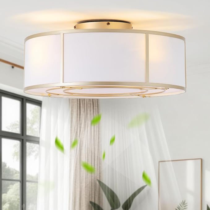 Low Profile Ceiling Fans with Lights, 20" Flush Mount Ceiling Fan with Light, Gold and White Boho Bladeless with 6 Speeds Remote Control for Bedroom, Nursery, Living Room