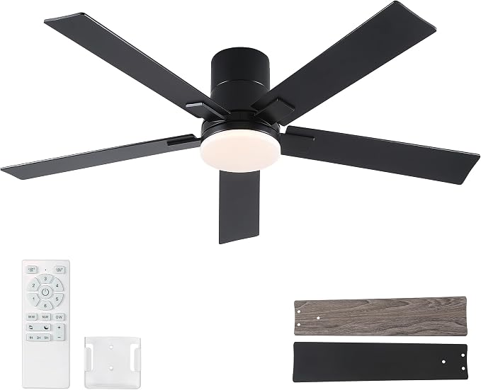 Rayqueen 52 Inch Flush Mount Black Ceiling Fans with Lights and Remote | 6 Speed Reversible DC motor,3-color temperature dimmable LED.For indoor/covered outdoor.Modern style for bedroom room