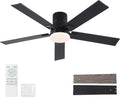 Rayqueen 52 Inch Flush Mount Black Ceiling Fans with Lights and Remote | 6 Speed Reversible DC motor,3-color temperature dimmable LED.For indoor/covered outdoor.Modern style for bedroom room