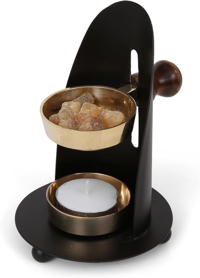 Incense Burner, Black and Gold Incense Holder - Tea Light Candle or Charcoal Resin Heated. for Home Decor, Beautiful Adjustable Design, Spiritual Gifts, Offering Calming Atmosphere