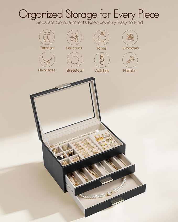 VLANDO Jewelry Box Organizer for Women, 3-Layer Jewelry Storage Case with Glass Lid, Gold Handle, 2 Drawers for Rings, Earrings, Necklaces and Bracelets - Black